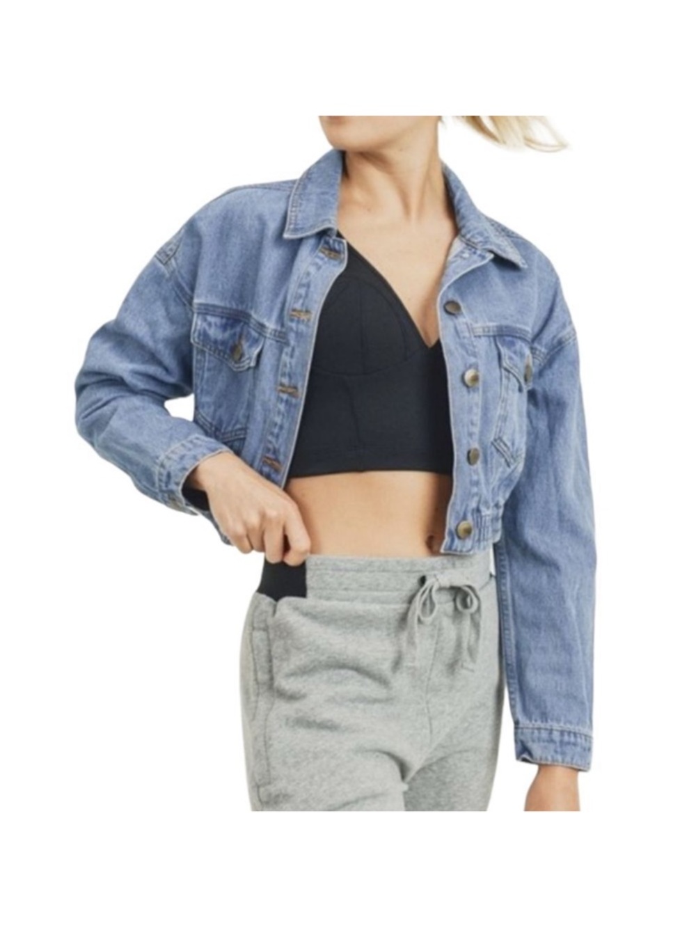 NWT MONO B Cropped Ribbed Hem Denim Jean Jacket M